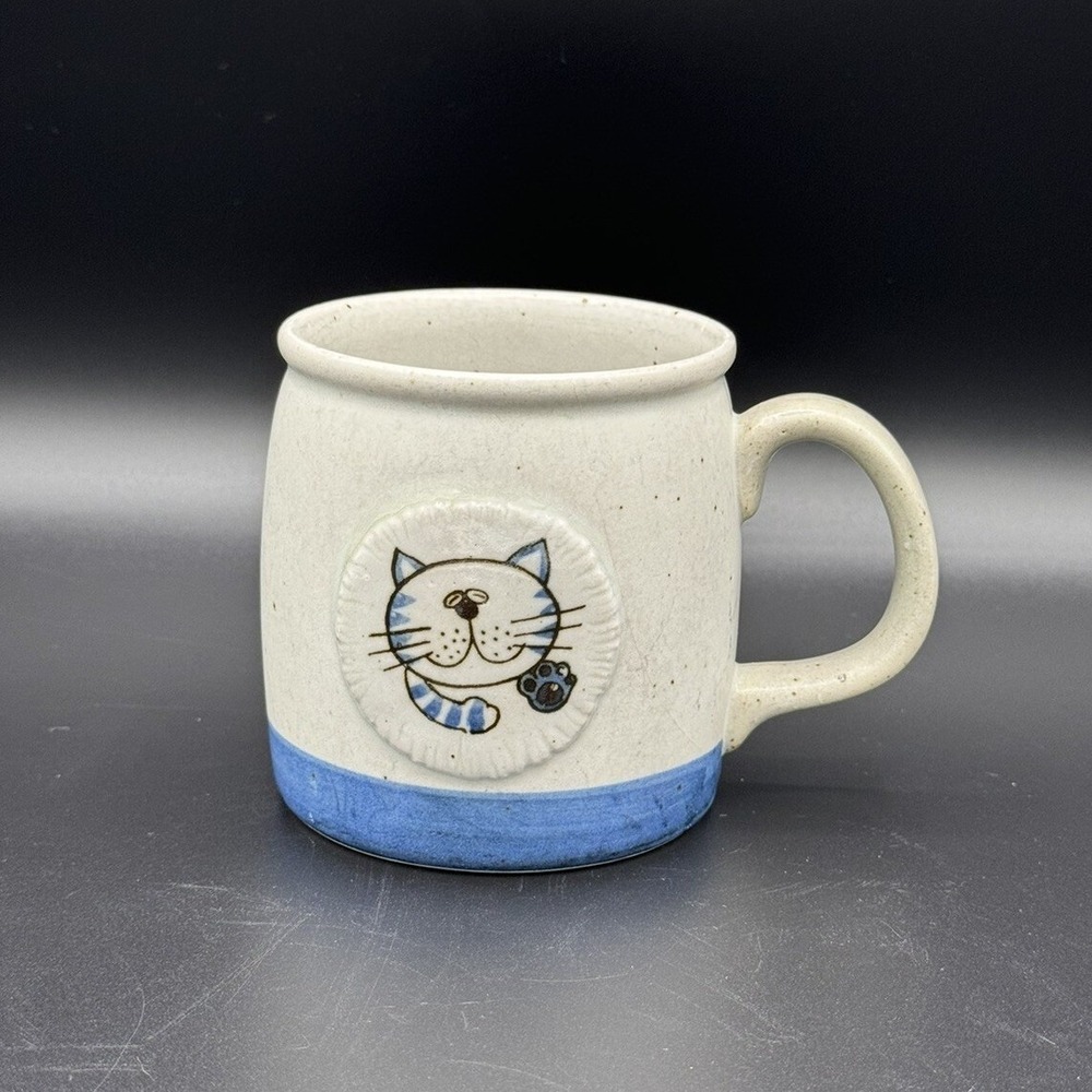 Ceramic Mug Cat Face Blue‎ Stripe Bottom Coffee Tea Cup Kitty Cat Lover